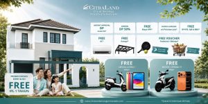 Promotional banner for Citraland Manado showing a modern two‑story house, a smiling family on the lawn, and prize icons such as appliances and gadgets in the foreground.