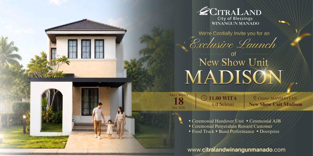 Two adults and a child walk toward a two‑story beige house with greenery in the front yard on a sunny day (left side). The right side shows a gold and gray promotional banner for a new show unit Madison by CitrALand.